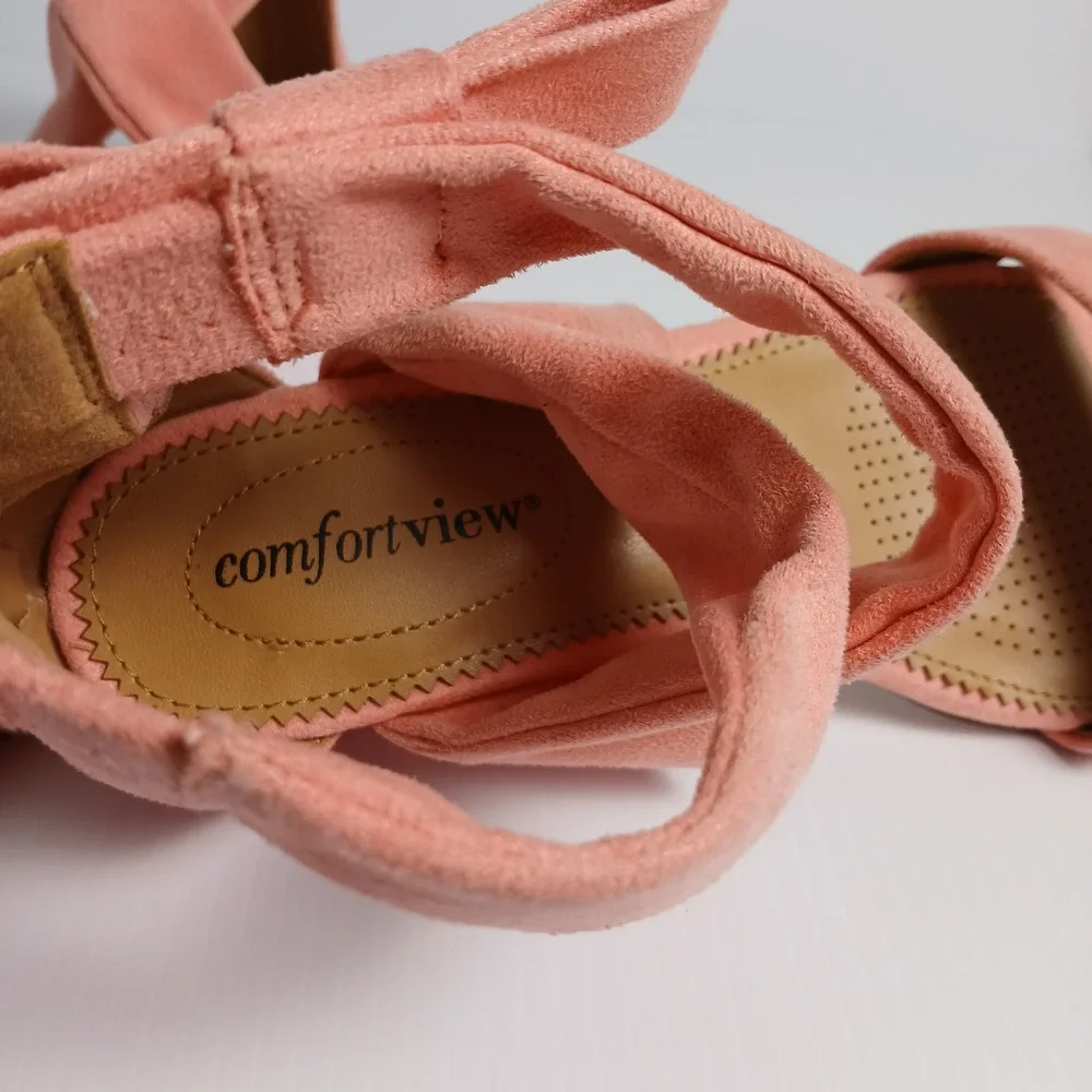 Comfortview Pink Faux Suede Bow Ankle Strap Wedge Sandals Women 7.5W